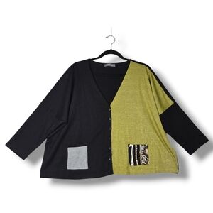 Alembika 16 / 1X / 3 Oversize Boxy Crop Tunic Lime Green Black V-neck Lagenlook